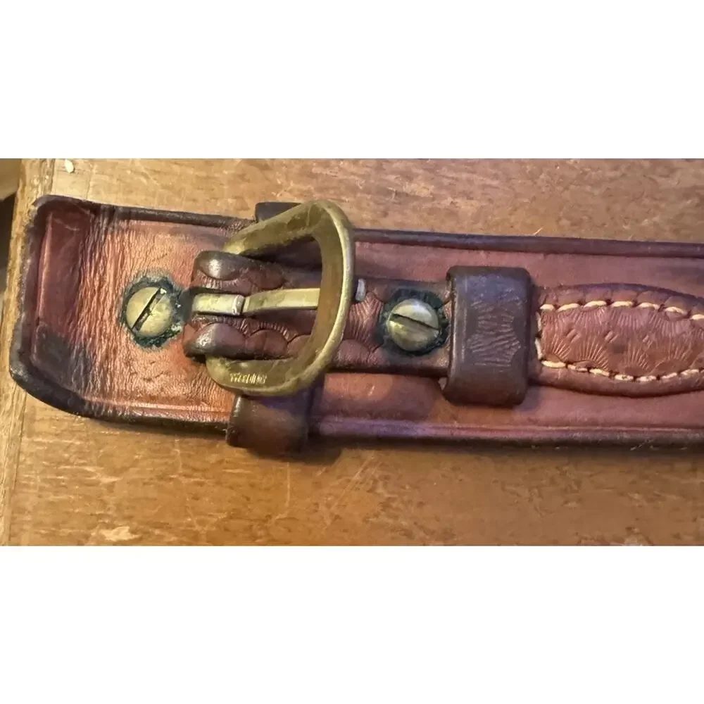 Vintage Cabela's Tooled Leather Ranger Belt Solid Brass Stamped 42 Measures 46